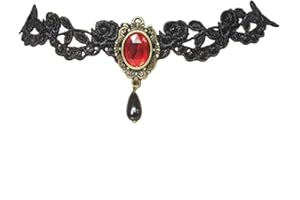 Vanjewnol Gothic Black Choker Lace Necklace Royal Court Vampire Choker Necklace with Red Rhinestone and Black Teardrop Pendant Halloween Costume Jewelry for Women
