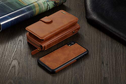 Urvoix iPhone Xs Max Case, 2 in 1 Premium Leather Wallet Multi-Functional Handbag Detachable Magnetic Cover with Clutch Strap Zipper Flip Card Holder for iPhone Xs Max(6.5-inch Screen), Brown