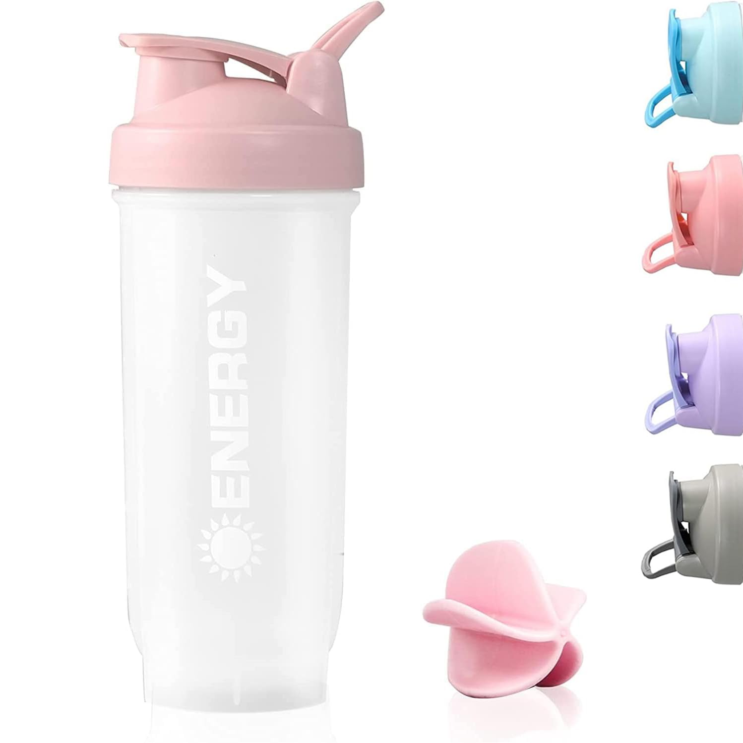 Menmamenma Protein Shaker Bottles Sports Protein Mixes Cup 700ml/24oz Water Bottle with Whisk Mixing Ball Leak-proof Lid Workouts Protein Shaker for Fitness Gym Milkshake (Pink)
