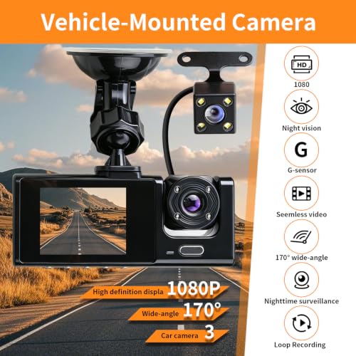 Angulo Ultraamplio 170° 3 Cameras 1080P Car Dashcam, Night Vision IR G-Sensor, 24H Parking Mode, Built-in WiFi Loop Recording, Ideal for VTC Driver and Car Security