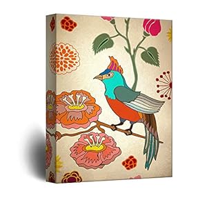 Canvas Wall Art - Vintage Style Colorful Brid on Flower Branch - Giclee Print Gallery Wrap Modern Home Art Ready to Hang - 12x18 inches