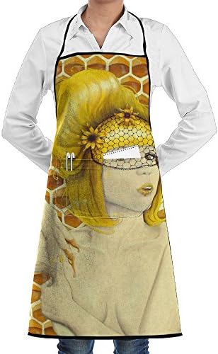 Adult Queen Girl Bees Art Print Adjustable Kitchen Bib Apron With Pocket Cooking Restaurant Chef Aprons For BBQ, Painting, Bar Pub