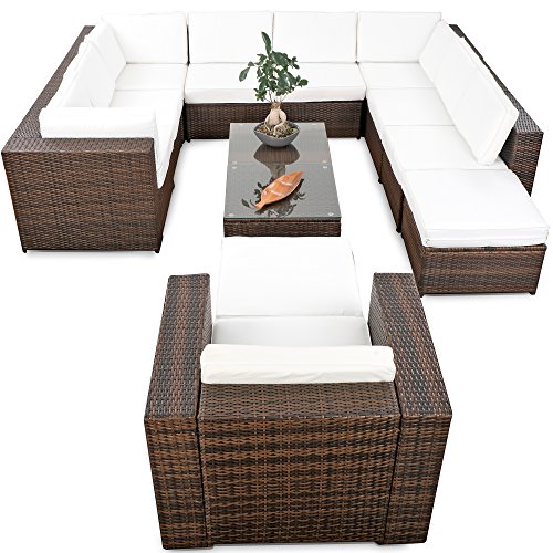 XXXL Rattan Lounge Set erweiterbar - Polyrattan Ecksofa Set XXXL - braun-Mix – Garnitur Gartenmöbel Sitzgruppe Lounge Möbel - Gartenlounge Set inkl. Lounge Ecke + Sessel + Hocker + Tisch + Kissen – Bild 3