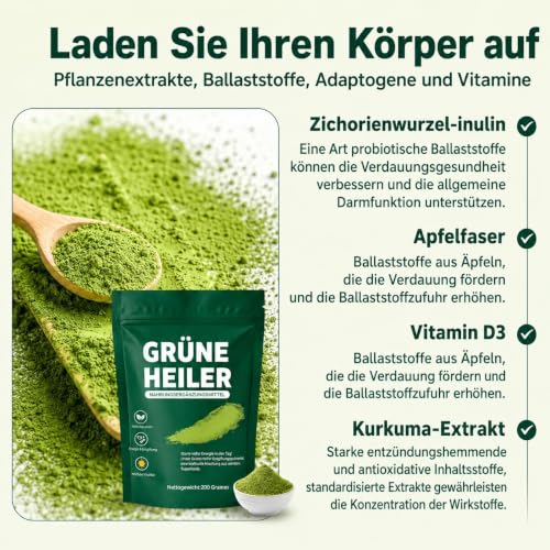 Green Detoxification Powder, 200 g Superfood Detoxification Powder Helper, Greens Powder with Spirulina, Barley Grass, Inulin, Turmeric, Vitamin D3, Rich in Vitamins, Minerals & Fibre for Energy