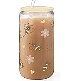 SANDJEST Bee 16oz Can Glass Tumbler with Acrylic Lid & Straw - Iced Coffee Cup for Women Girls, Aesthetic Cups Gifts for Birthday Christmas
