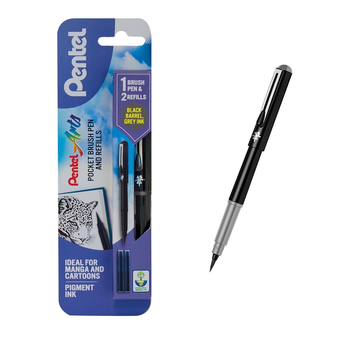 Pentel XGFKP/FP10-SP Brush Pen and Two Refills, Grey Ink