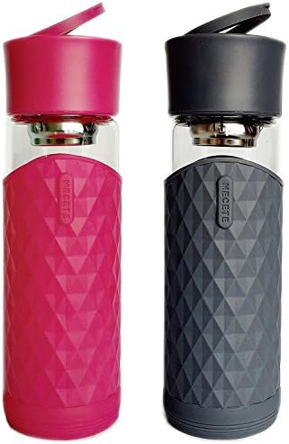 Mecete 14 Oz Premium Break Resistant Glass Water Bottle With Filter,Drinking Bottle,Juice Container,With Hot and Cold Insulated Silicon Case … (Grey)