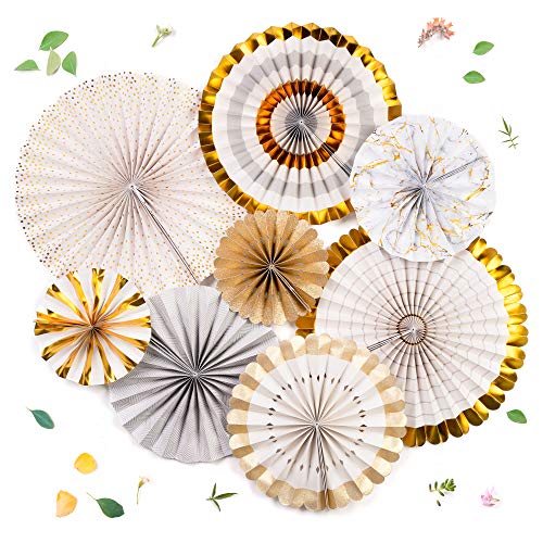 PapaKit Origami Wall Decoration Set (8 Assorted Round Paper Fans) Birthday Party Baby Shower Wedding Events Decor | Creative Art Design Pattern (Ivory & Marble with Metallic Gold Accent, 8 Piece Set) - Thumbnail 6