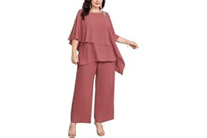 Hanna Nikole Plus Size Mother of Bride Pant Suits 2 Piece Chiffon Sets Ruffle Layers Wedding Guest Outfit