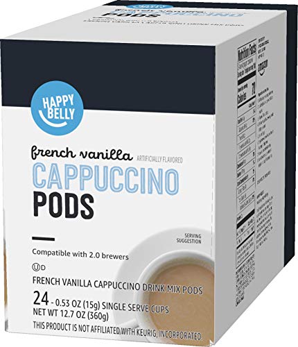 AMAZON BRAND – HAPPY BELLY CAPPUCCINO COFFEE PODS LIGHT ROAST COMPATIBLE WITH 2.0 K-CUP BREWERS, FRENCH VANILLA FLAVORED, 24 COUNT, 1.5 POUND (PACK OF 1)