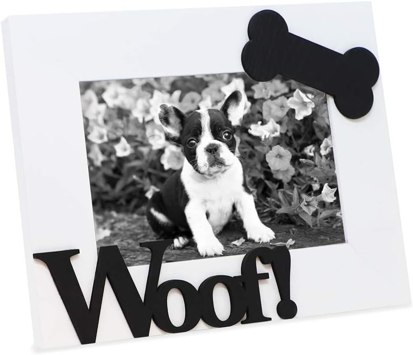 Isaac Jacobs White Wood Sentiments Dog “Woof!” Picture Frame, 4x6 inch, Photo Gift for Pet Dog, Puppy, Display on Tabletop, Desk (White, 4x6)