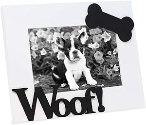 Isaac Jacobs White Wood Sentiments Dog “Woof!” Picture Frame, 4x6 inch, Photo Gift for Pet Dog, Puppy, Display on Tabletop, Desk (White, 4x6)