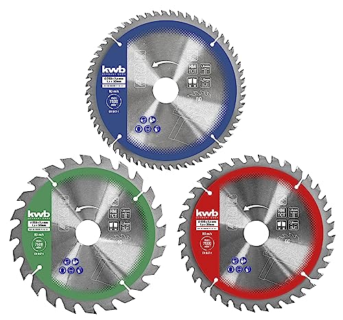 kwb 589399 Kreis-Sägeblatt-Set für Handkreis-Sägen bzw. Zug-Kapp-Gehrungssägen, f. Platten-Werkstoffe u. Baustoffe aus Holz inkl. Reduzier-Ringe auf 1