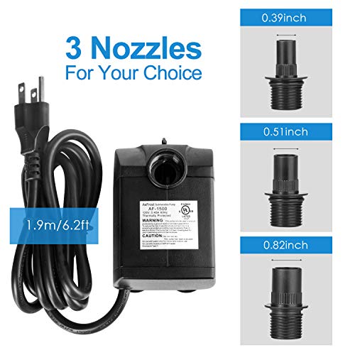 AsFrost 400GPH Submersible Water Pump, Fountain Pump with 8.2ft High Lift, Ultra Quiet 25W Outdoor Fountain Water Pump with 6.2ft Power Cord, 3 Nozzles for Aquarium, Fish Tank, Pond, Hydroponics - Thumbnail 2