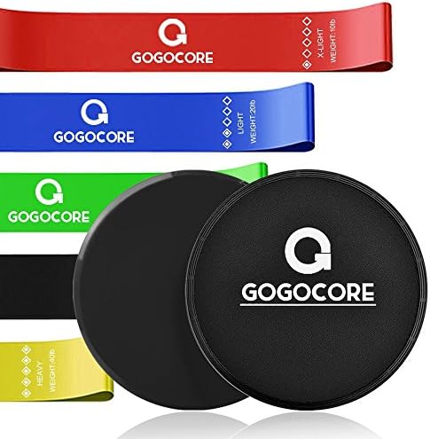 GOGOCORE Core Sliders and Resistance Bands, Ultimate Core Training Set Includes 2 Double Sided Gliding Discs and 5 Levels Elastic Exercise Bands for Full Body Workout, Physical Therapy