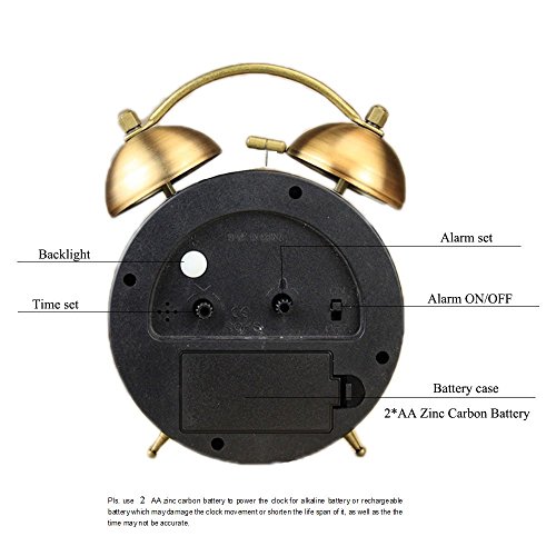 JUSTUP Twin Bell Alarm Clock, 4Inch Table Desk Alarm Clock Battery