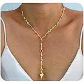 GIGB PBDK Gold Plated Crystal Heart Lariat Y-Necklace for Women,Ethnic Colorful Rhinestone Beaded Love Necklaces Bohemian Party Jewelry Accessories Gift