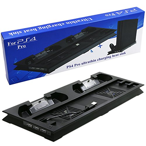 ADVcer PS4 Pro Vertical Stand with Dual Cooling Fan, Dual Controller Charging Station and 3 Extra USB Port for Playstation 4 Game Console, PS4 DualShock 4 Gamepad + 8 Controller Thumb Grip Cover Caps