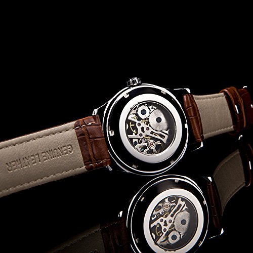 Sewor Mens Skeleton Transparent Mechanical Watch Brown Leather Skeleton Movement (Brown)