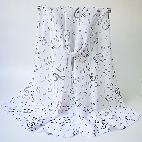 Qenci Chiffon Scarf Musical Note Printed Neck Lightweight Scarf Shawl Wrap White