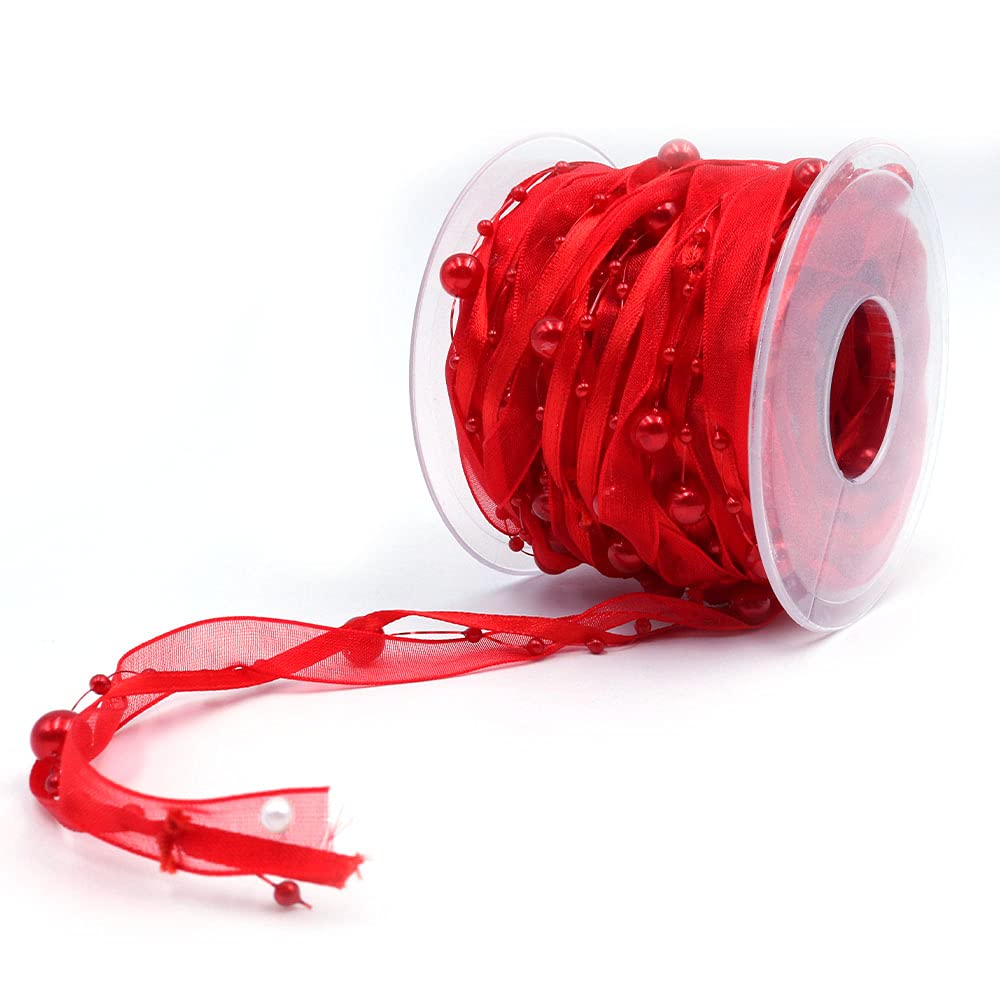 ANCLLO 10M Artificial Bead Ribbon Chiffon Ribbon and Organza Lace Ribbon Trims (Red)