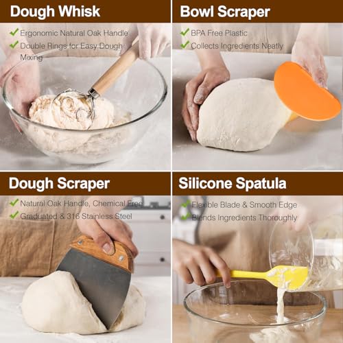 RIZENCE 21PCS Sourdough Starter Kit - Banneton Bread Proofing Basket Set, 9" Round & 10" Oval Proving Basket - 100% Natural Rattan - Complete Bread Making Accessories with Glass Sourdough Starter Jar