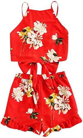 MOSE Value Plus Two Piece Tank + Shorts New Women's Boho Ruffle Floral Print Spaghetti Strap Crop Cami Top With Shorts Sets (Red, S)