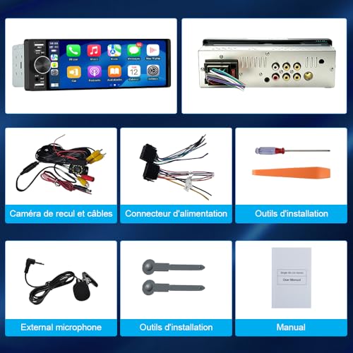 Junsun 6.36 Inch 1 Din Touch Screen Car Stereo Compatible CarPlay & Android Auto Bluetooth GPS FM Type-C Charge 2 USB Microphone Equalizer Steering Wheel Control
