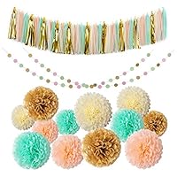 Mint Gold Glitter Peach Cream Tissue Pom Poms 54 Pcs Paper Flowers Tissue Tassel Paper Garland Kit for Baby Shower Party Wedding Birthday Decorations