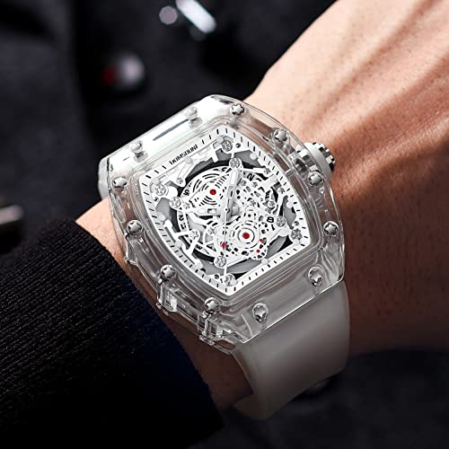Gosasa Fashion Hollowed Men Watches Tonneau Transparent Analog Display Silicone Strap Calendar Quartz Waterproof Trend Male Wrist Watch