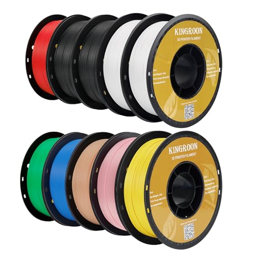Kingroon 10KG PLA Filament 1.75 mm, Bündel 3D Drucker Filament, Präzision ±0,02mm, 10 Rollen PLA Filament, 2*Schwarz 2*Weiß Gelb Blau Grün Rot Hautfar