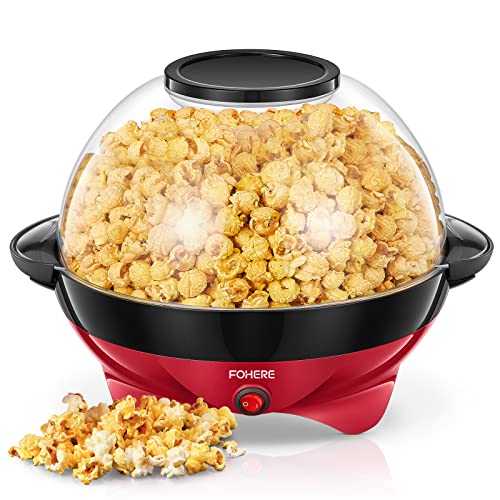 FOHERE Pop Horn Machine, 5.5 L Pop Corn, Removable Tray, Non-stick Coating, Quiet and Quick, Transparent Lid Can Be Used As a Container (Red)