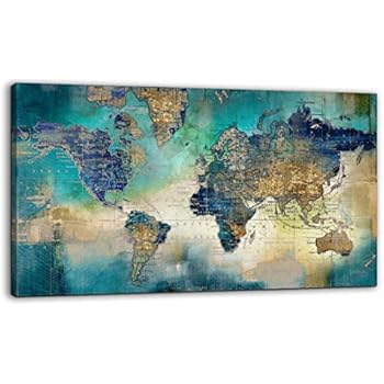 Amazon.com: Wall Art Blue map of The World Painting Ready to Hang -24