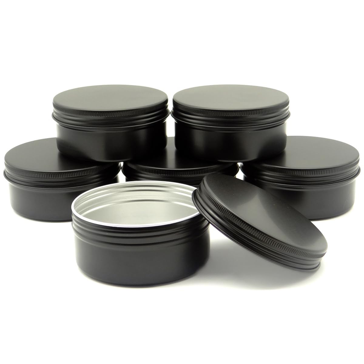 Wopanxye 6pcs 150ml Aluminum Tin Jars with Screw Cap Lids, Empty Refillable Makeup Lip Balm Containers Round Travel Jars Cosmetics Pots, Black Metal Cans for Slime Salve Cream Candle Powder Tea Beads