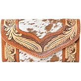 Merbaa Women's Western Cowhide Leather Trifold Wallet | Handmade Tooled Buckaroo Clutch with Rose Design | Stylish Rustic Cowgirl Purse for Everyday & Travel