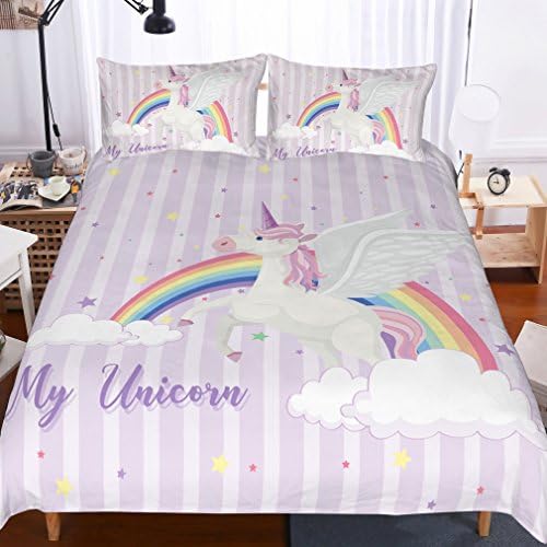 APJJQ Unicorn Bedding Set Twin Size for Kids,Girls,Boys,Teens and Children,Rainbow Flying White Unicorn Over Clouds with Twikkle Stars 100% Microfiber 2 Piece Duvet Cover Set,No Comforter
