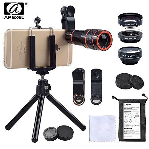 Apexel 4 in 1 Cell Phone Camera Lens(12X Optical Zoom Telescope Lens,198Â° Fisheye ,0.63xWide Angle,15xMacro Lens, Phone Holder & Tripod) for iPhone 6/7/6s Plus/SE, Samsung, iPad Tablet PC Laptops&More