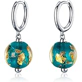 Dainty Blue Earth Drop Dangle Small Hoop Earrings for Women Girls 925 Sterling Silver Gold Continents Round Murano Glass Ball Earring for Sensitive Ear Fashion Jewelry Souvenir Gift
