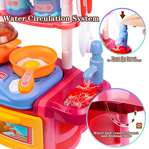 UNIH Kitchen Playset, Kids Play Kitchen for Toddlers Pink 3 4 5 6 7