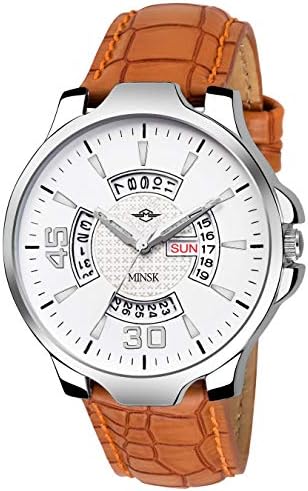 Minsk Analogue White Dial Leather Strap Day and Date Men's and Boys Watch
