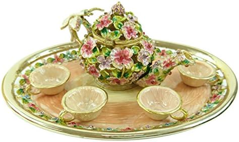 HONGVILLE Traditional Chinese Feng Shui Decor Fortune Wealth Prosperity Decorative Statue (Pink Floral Teapot Set)