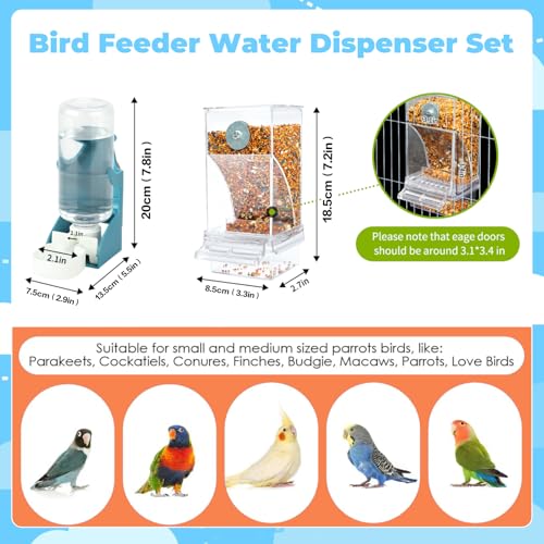 SUSOO Bird Feeder and Water Dispenser Set, Leak-Proof Acrylic Automatic Seed Feeding Container, Hydration Drinker for Parrot, Parakeets,Budgies, Cockatiels,Canaries,and Lovebirds Cage Accessories