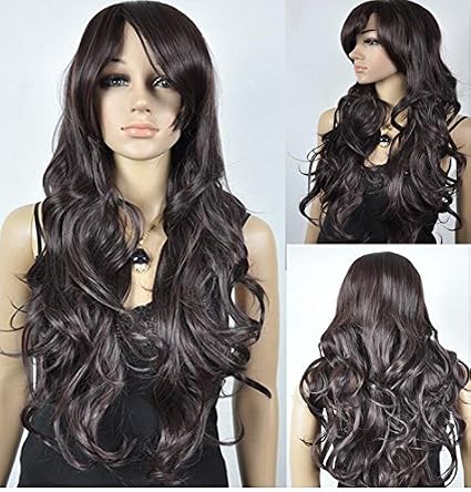 Black Brown Extra Long Wavy Curly Cap Hair Wig Noir Marron Long