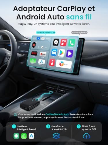 Adaptateur CarPlay sans Fil Android Auto, Boîtier AI Vidéo Auto 3-en-1 pour CP/AA Filaire OEM, 4G+32G, Double Wi-FI & Hub IoT Bluetooth, pour Netflix/Youtube/TikTok/Carte TF, CB4B