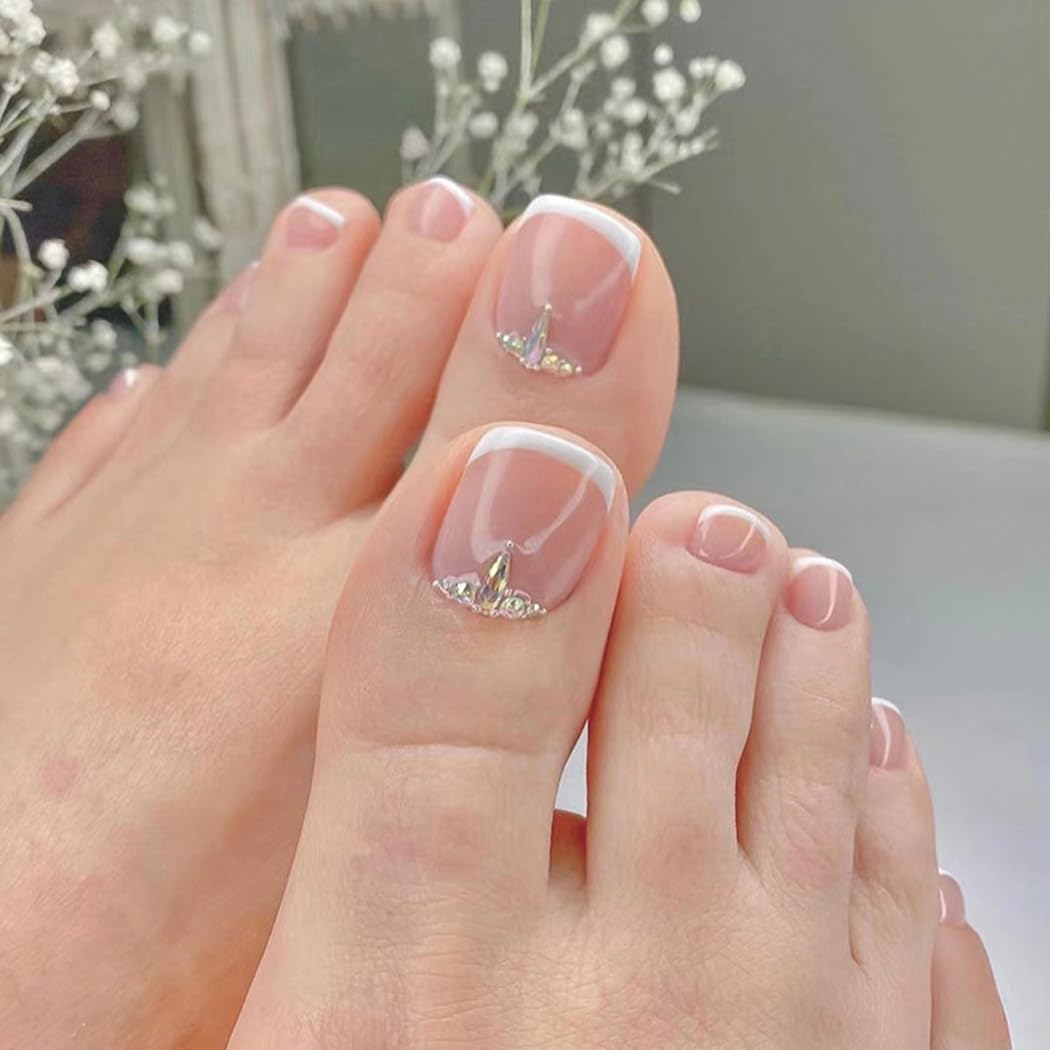 Handcess French False Toe Nails Nude Press on Toe Nail Glossy Fake Toenails Full Cover Acrylic Toe Nail Art Tips for Women and Girls 24Pcs