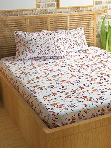 Story@Home 186 TC 100% Cotton Floral Pattern Metro Collection 1 Double Bedsheet with 2 Pillow Cover - Orange and White