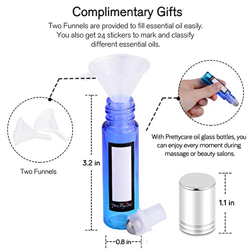 Essential Oil Roller Bottles 10ml by PrettyCare (12 Pack Rainbow Glass, Silver Cap, 24 Labels, 2 Extra Roller Balls, Opener, 2 Funnels) Roller Balls for Essential Oils, Roll on Bottles