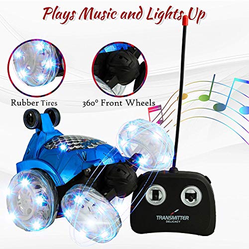 Dimple Blue RC Remote Controlled Stunt Car with 360 Front Wheels for Flipping, Spinning and Racing, Lights Up & Music