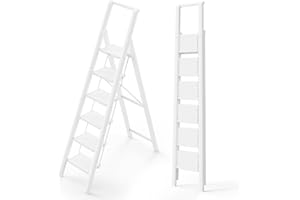 WOA WOA 6 Step Ladder, Lightweight Folding ladders with Wide Pedals, Slim Stepladder for Narrow Spaces, Tall Ladder for High Ceilings with Handrails, Kitchen Aluminum Ladder 300lbs - White