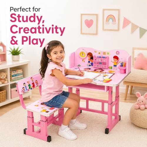 Toshionics Adjustable Kids Study Table & Chair Set | Egonomic Study Desk with Learning Board & Clock, Adjustable Height School Desk with Storage Cup Tiltable Desktop for Kids 3-15 - Pink